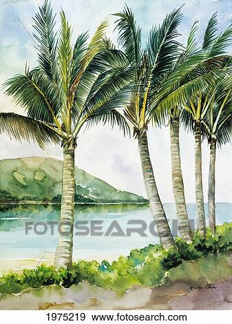 Stock Photo - Flapping Palm Trees, Group Of Palm Trees Near Ocean's Edge (Watercolor Painting).. Fotosearch