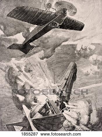 Stock Photo - Flight Sub-Lieutenant Warneford Vc Bombs And Destroys Zeppelin Airship 1915 He Received The Victoria Cross For His Action From The War Illustrated Album Deluxe Published London 1916. Fotosearch