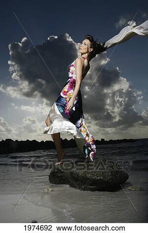 Stock Image - Florida, Key Biscayne Beach, Beautiful Fashion Model On Beach.. Fotosearch