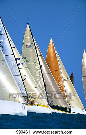 Stock Image - Florida, Key West Race Week, Many Colorful Sails Lined Up, Blue Skies. Fotosearch
