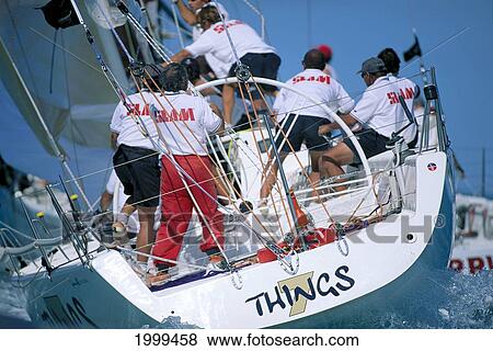 Florida, Key West Race Week, Stern View Of 'things' Crew In Action View Large Photo Image Stock Photo - Florida, Key West Race Week, Stern View Of 'things' Crew In Action. Fotosearch