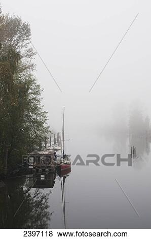 Stock Photo - Fog and mist descends on the Alouette River, near the Pitt River Marina; Pitt Meadows, British Columbia, Canada. Fotosearch