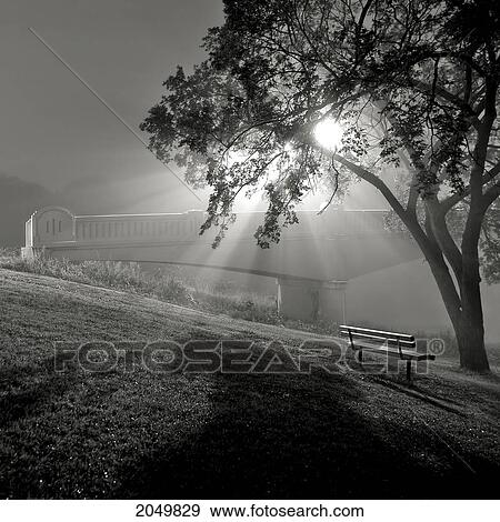 Stock Photo - Foggy Morning And Assiniboine Park Footbridge, On Banks Of Assiniboine River, Winnipeg, Manitoba. Fotosearch