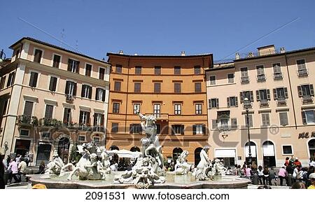 Stock Image - Fontana Del Nettuno, Piazza Navona, Rome, Italy.. Fotosearch