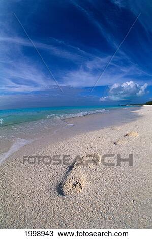 Stock Image - Footprints In Sand, Turquoise Ocean, Blue Sky B1473. Fotosearch