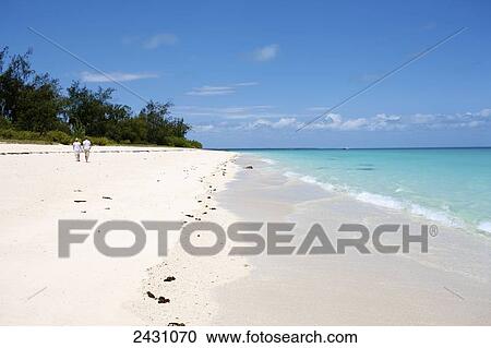 Stock Image - Footprints in the white sand along the water's edge; Vamizi Island, Mozambique. Fotosearch