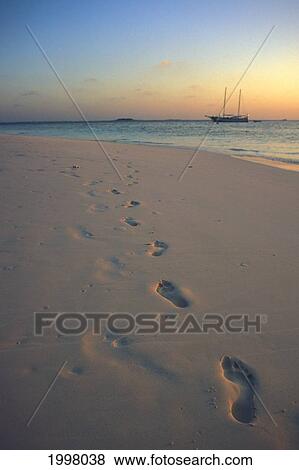 Stock Photo - Footprints In White Sand Along Shoreline At Sunset. Fotosearch