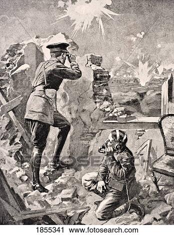 Stock Image - Forward Officer Observes Effect Of Creeping Artillery Barrage His Telephonist Relays Information To Battery Commander Giving Orders For Range Aim And Time Fuse Adjustment From The War Illustrated Album Deluxe Published London 1916. Fotosearch