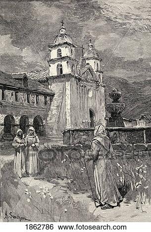 Stock Photograph - Fountain And Mission Santa Barbara California Engraving From The Book The Century Illustrated Monthly Magazine May To October 1883. Fotosearch