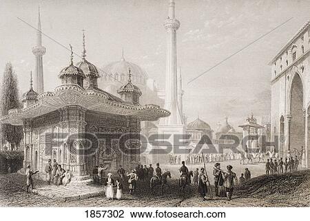 Stock Image - Fountain And Square Of St. Sophia, Istambul, Turkey. Engraved By T. Higham After W. H. Bartlett.. Fotosearch