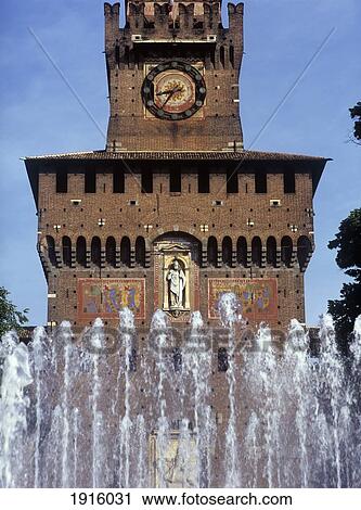 Stock Image - Fountain In Front Of Entrance To Castello Sforzesco. Fotosearch