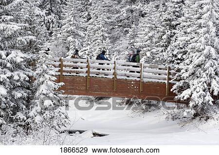 Four Hikers On A Snow Covered Bridge View Large Photo Image Stock Photo - Four Hikers On A Snow Covered Bridge. Fotosearch