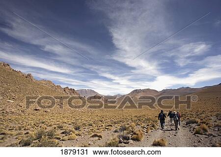 Stock Image - Four Tourists Walking In Desert. Fotosearch