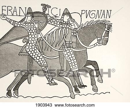 Stock Image - Fragment Of The Bayeux Tapestry Showing Two Mounted, Armoured Knights Of William The Conquerors Army In Combat During The Battle Of Hastings. From Les Artes Au Moyen Age, Published Paris 1873.. Fotosearch