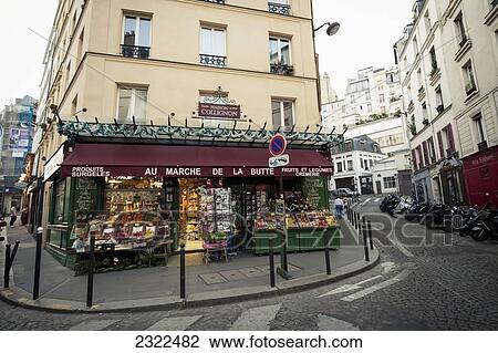 Stock Image - France, Montmartre; Paris, Au Marche De La Butte grocery shop. Fotosearch