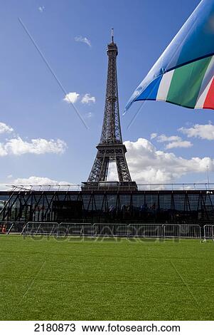 Stock Image - France, paris, eiffel tower from quai branly museum. Fotosearch