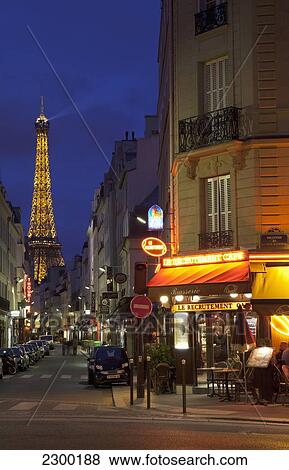 Stock Photo - France, Parisian cafe and Eiffel Tower; Paris. Fotosearch