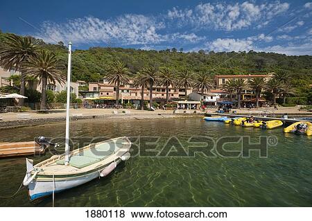 Stock Photo - France, Provence, Port-Cros National Park, Port-Cros Island, Boats In Harbour; Port-Cros Village. Fotosearch