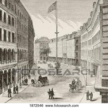 Stock Photograph - Franklin Street, Boston, Massachusetts, Usa, In The 1870's. From A 19Th Century Illustration.. Fotosearch