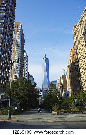 Stock Image - Freedom Tower at sunset from Battery Place; New York City, New York, United States of America. Fotosearch