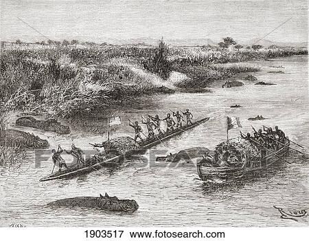 Stock Photo - French And British Explorers Hunting Hippopotamus On The Congo River In The 19Th Century. From The Book Africa Pintoresca Published 1888.. Fotosearch