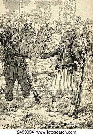 French and Sardinian soldiers shaking hands to celebrate their victory against the Austrians after the Battle of Palestro, Italy, 1859. From Agenda Buvard du Bon Marche published 1917. View Large Photo Image Picture - French and Sardinian soldiers shaking hands to celebrate their victory against the Austrians after the Battle of Palestro, Italy, 1859. From Agenda Buvard du Bon Marche published 1917.. Fotosearch