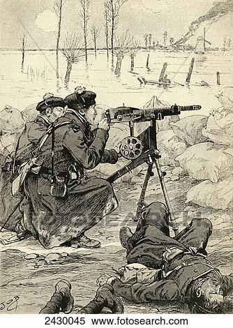 Stock Photography - French machine gun team at the Battle of the Yser, Belgium, 1915 during World War One. From Agenda Buvard du Bon Marche published 1917.. Fotosearch