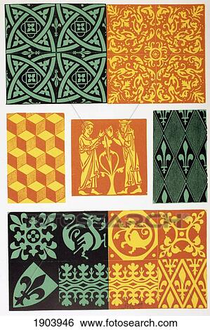 Stock Photograph - French Medieval Floor Tiles From Les Artes Au Moyen Age, Published Paris 1873.. Fotosearch