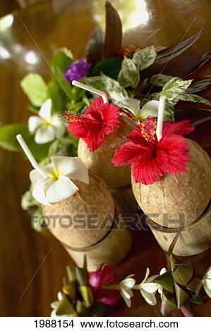Picture - French Polynesia, Bora Bora, Close-Up Of A Refreshing Tropical Cocktails In Coconut Cups. Fotosearch