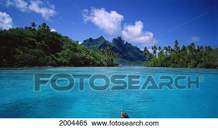 French Polynesia, Bora Bora, Landscaped View From Across Ocean To Mountain And Tropical Scene Panoramic Widelux View Large Photo Image Stock Photography - French Polynesia, Bora Bora, Landscaped View From Across Ocean To Mountain And Tropical Scene Panoramic Widelux. Fotosearch