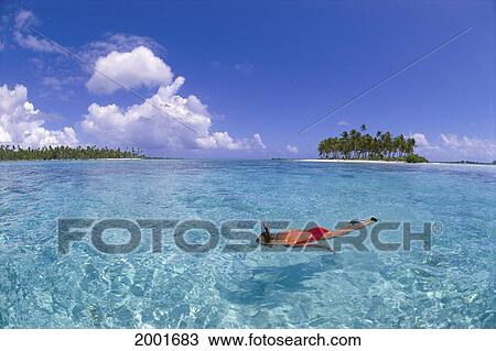 Stock Image - French Polynesia, Bora Bora, View From Above Snorkeler At Surface Ocean Islands Background Motu. Fotosearch