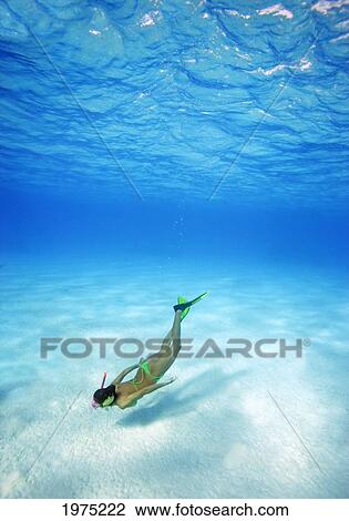 Stock Image - French Polynesia, Moorea, Woman Free Diving In Turquoise Ocean.. Fotosearch