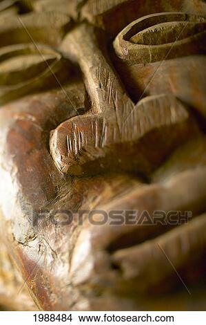 Picture - French Polynesia, Tahiti, Bora Bora, Close-Up Of The Carved Face Of A Wooden Statue. Fotosearch