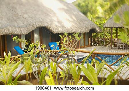 Stock Image - French Polynesia, Tahiti, Bora Bora, Thatch Bungalow And Deck Chairs By Swimming Pool, Tropical Vegetation. Fotosearch