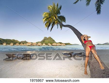 Stock Photo - French Polynesia, Tahiti, Bora Bora, Woman Laying On A Tree With Bungalows In The Background.. Fotosearch