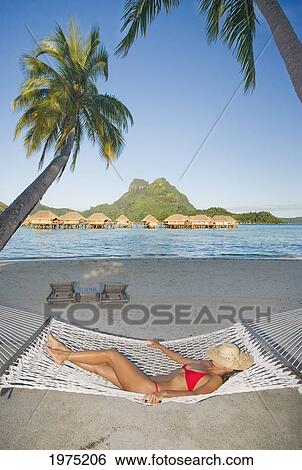 French Polynesia, Tahiti, Bora Bora, Woman Resting In Hammock With Bungalows In The Background. View Large Photo Image Stock Photograph - French Polynesia, Tahiti, Bora Bora, Woman Resting In Hammock With Bungalows In The Background.. Fotosearch