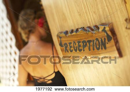 Stock Image - French Polynesia, Tahiti, Hotel Reception and Guest; Maupiti. Fotosearch