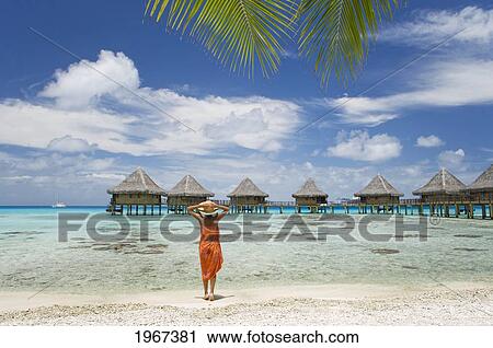 French Polynesia, Tuamotu Islands, Rangiroa Atoll, Woman On Beach Near Luxury Resort. View Large Photo Image Stock Image - French Polynesia, Tuamotu Islands, Rangiroa Atoll, Woman On Beach Near Luxury Resort.. Fotosearch