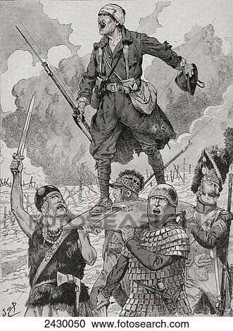 Stock Image - French propaganda poster entitled On Les Aura, or We Will Have Them. Four soldiers from different historical periods carry a wounded but defiant World War One soldier on a shield. From Agenda Buvard du Bon Marche published 1917.. Fotosearch
