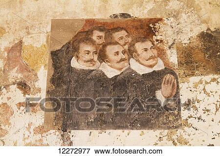 Stock Photo - Fresco on the walls of a corridor by the Patio de la Cruz (courtyard of the Cross) in San Diego Convent Museum, Quito, Pichincha, Ecuador. Fotosearch