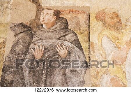 Stock Photograph - Fresco on the walls of a corridor by the Patio de la Cruz (courtyard of the Cross) in San Diego Convent Museum, Quito, Pichincha, Ecuador. Fotosearch