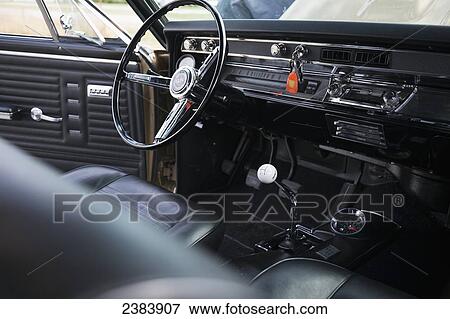 Stock Photo - Front seat and steering wheel of car; Langley, British Columbia, Canada. Fotosearch