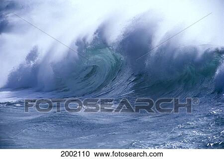 Front View Of Large Curling Wave, White Wash And Spray, Blue Water View Large Photo Image Stock Image - Front View Of Large Curling Wave, White Wash And Spray, Blue Water. Fotosearch