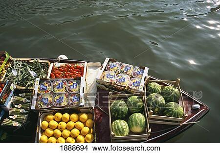 Picture - Fruit And Vegetables On Barge By Rialto Food Market On Grand Canal. Fotosearch