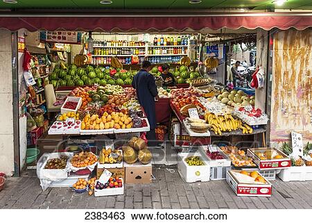 Stock Image - Fruit stand; Beijing, China. Fotosearch