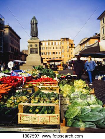 Stock Photo - Fruits And Vegetables In Market In Campo De Fiori. Fotosearch