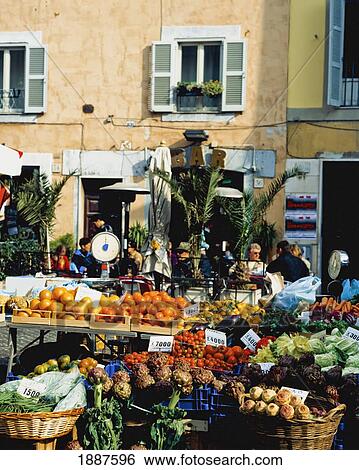 Stock Photograph - Fruits And Vegetables In Market In Campo De Fiori. Fotosearch