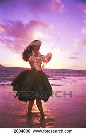 Stock Photo - Full Length Front View Of Woman Dancing Hula At Sunrise Tropical Beach, Plumeria Lei. Fotosearch
