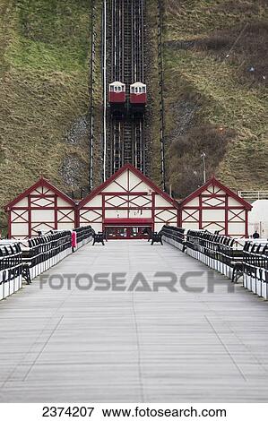 Stock Photo - Funicular going up and down the hill; Saltburn, North Yorkshire, England. Fotosearch