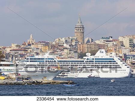 Picture - Galata Tower And Luxury Liners; Istanbul, Turkey. Fotosearch